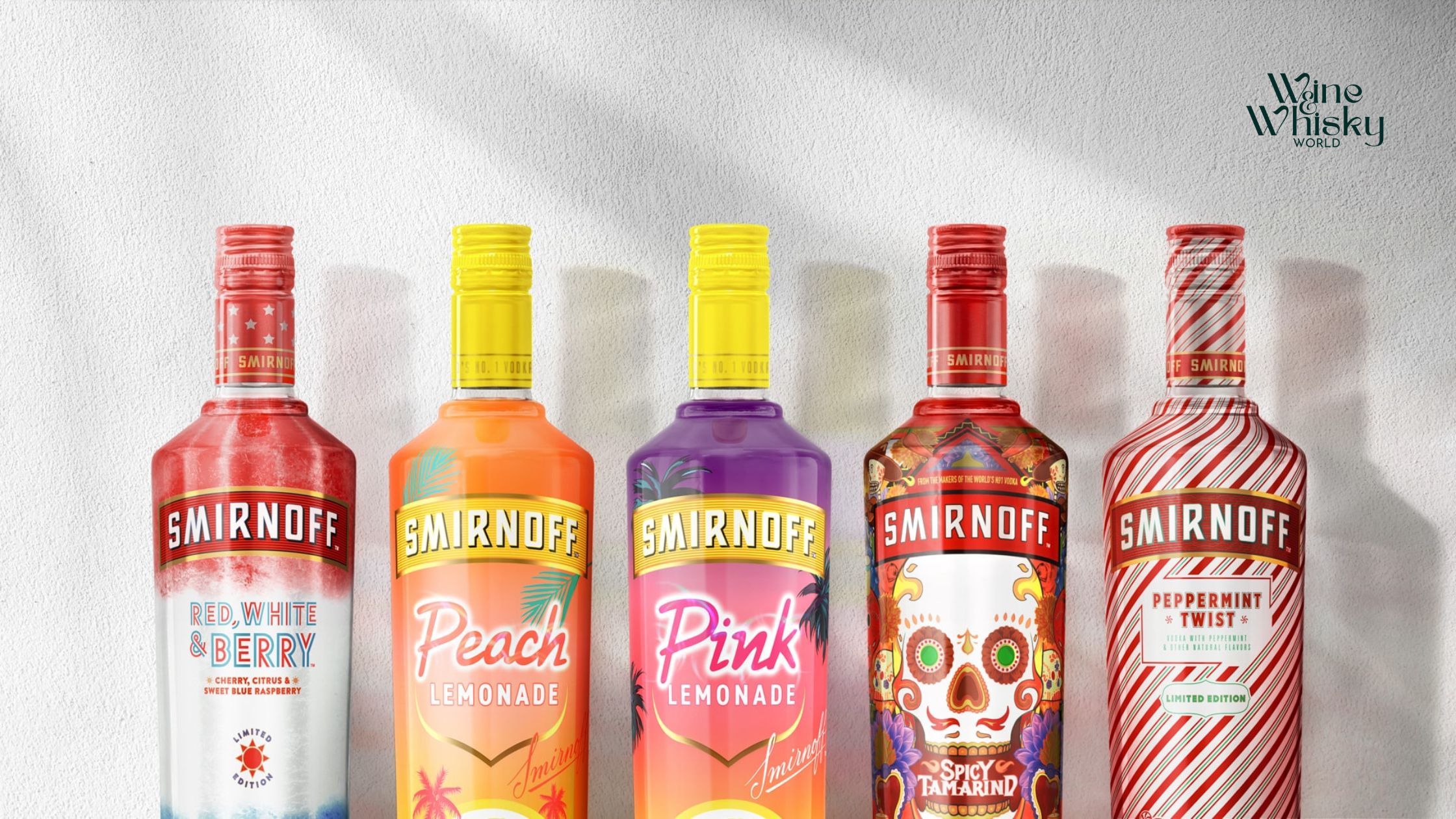 types of smirnoff vodka with winewhiskyworld logo in right cornor 